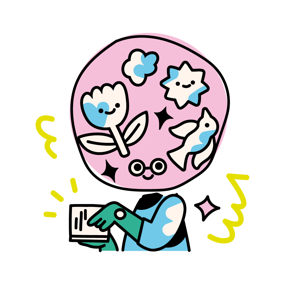Cartoon pink head with flowers and stars, smiling face, typing on a laptop with blue hands