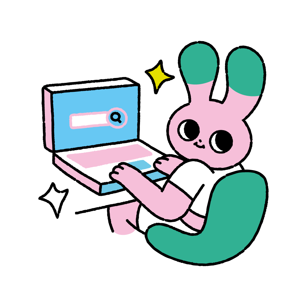 Pink cartoon bunny typing on a laptop, with sparkles and a green chair