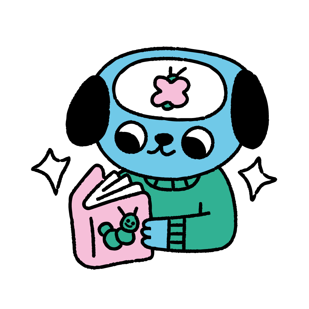 Cute blue cartoon bear reading a pink book, with sparkles and a little worm bookmark.