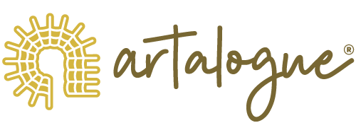 Logo for Artalogue, with a keyhole-shaped design and script text in gold.