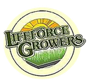 Logo for LifeForce Growers, featuring text and a sun over a patch of grass.