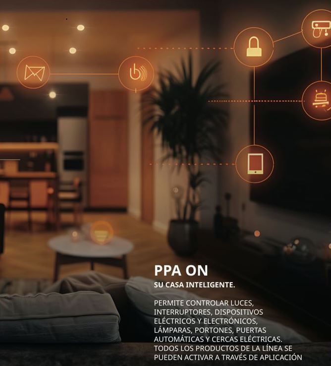 Anuncio de casa inteligente: interior con dispositivos conectados, brillo naranja, texto 