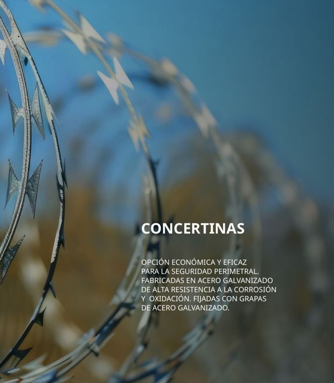 Primer plano de alambre de concertina con texto que promueve la seguridad perimetral.