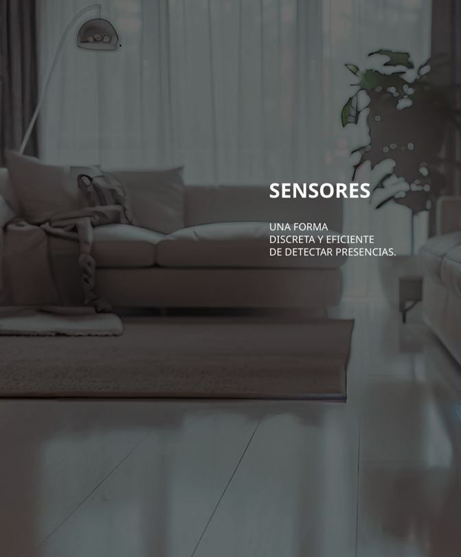 Sala de estar con texto “Sensores”; para detección de presencia discreta.