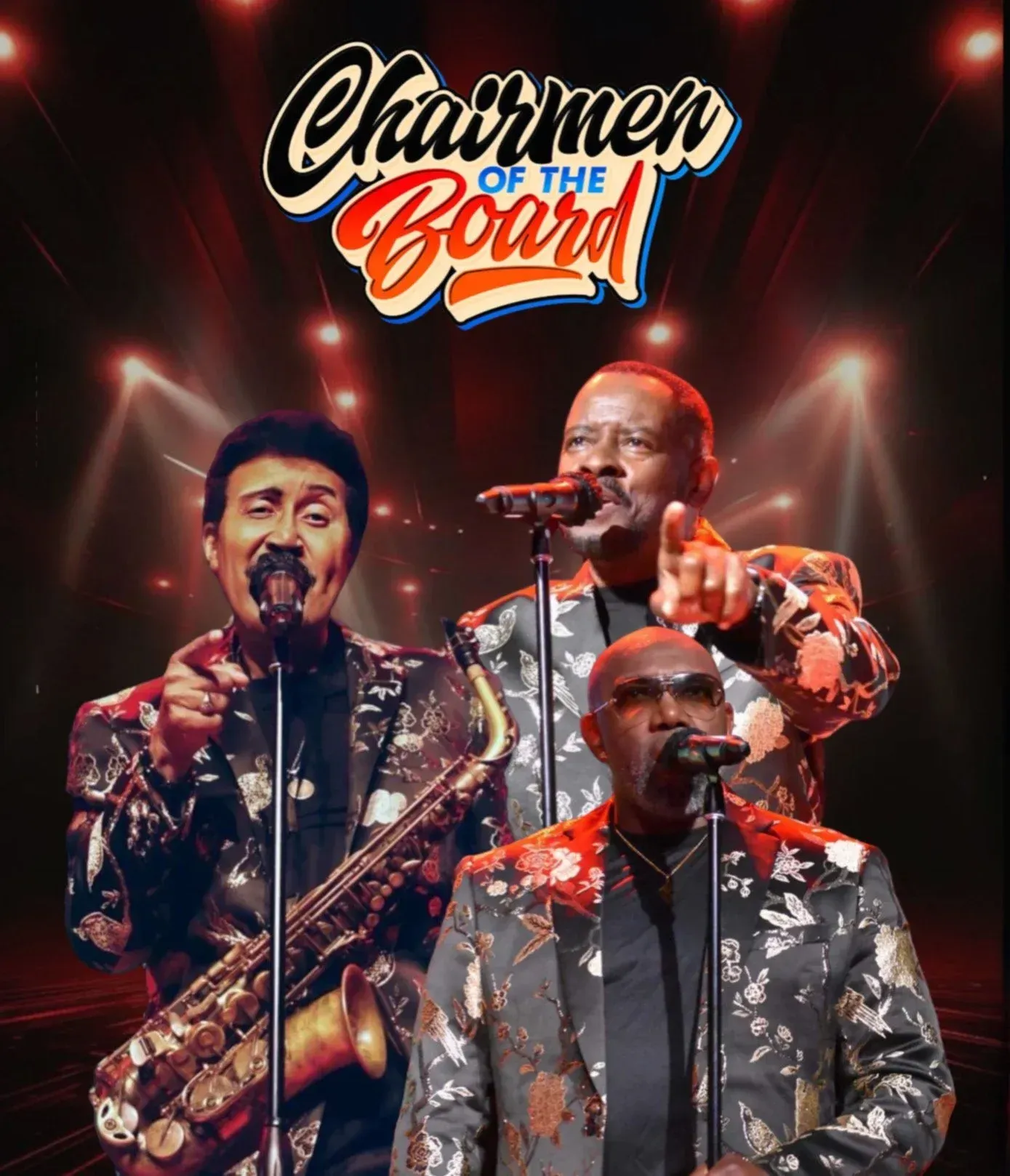 Chairmen of the Board: Three men singing with mics, stage lights behind them, colorful floral suit jackets.