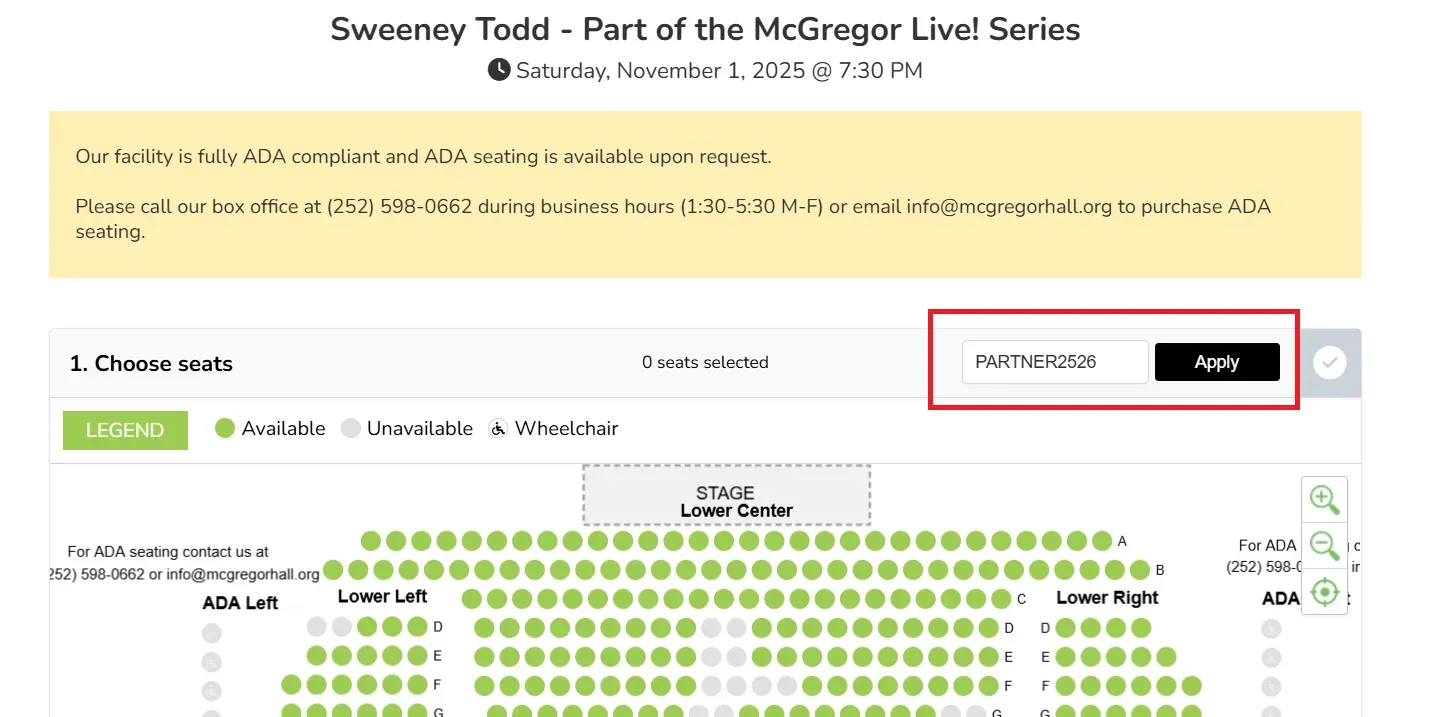 Seating chart for Sweeney Todd performance. Includes a