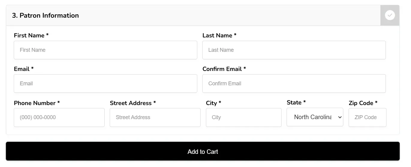 Checkout form for customer information: first/last name, email, phone, address, city, state, zip code.
