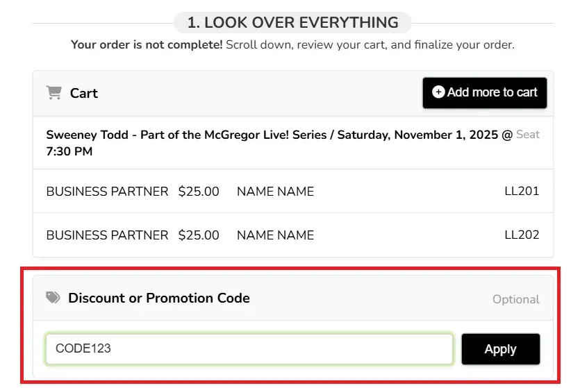 A shopping cart with two items, a promo code field, and a code entered.