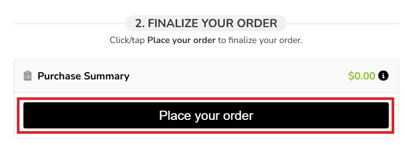 Finalize order page with