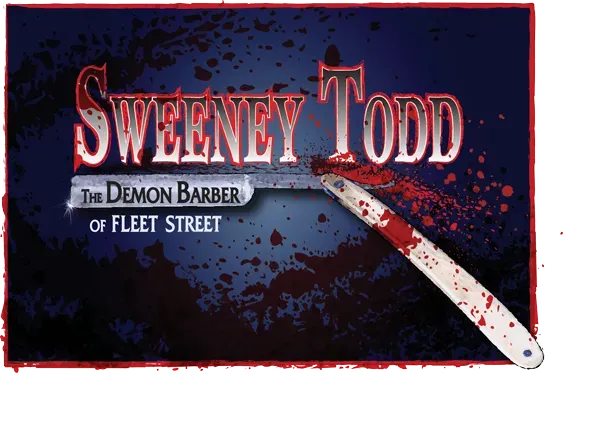 "Sweeney Todd logo with text and bloody razor"