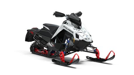 side front view of red, white, and black polaris 2021 indy vr 1 129 snowmobile