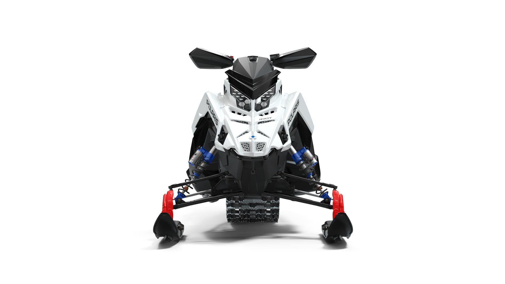 front view of red, white, and black polaris 2021 indy vr 1 129 snowmobile