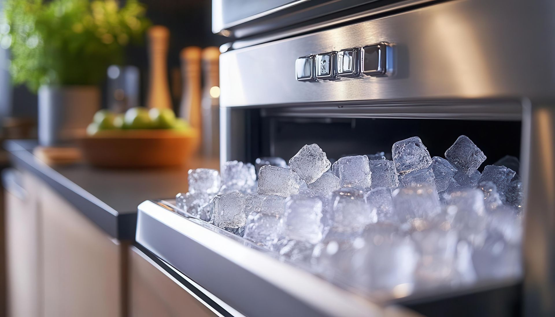 Ice maker drawer overflowing with ice cubes. Stainless steel appliance.