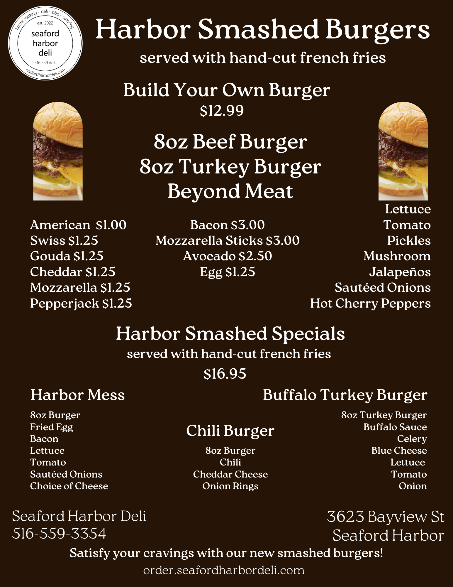 A menu for harbor smashed burgers served with hand cut french fries