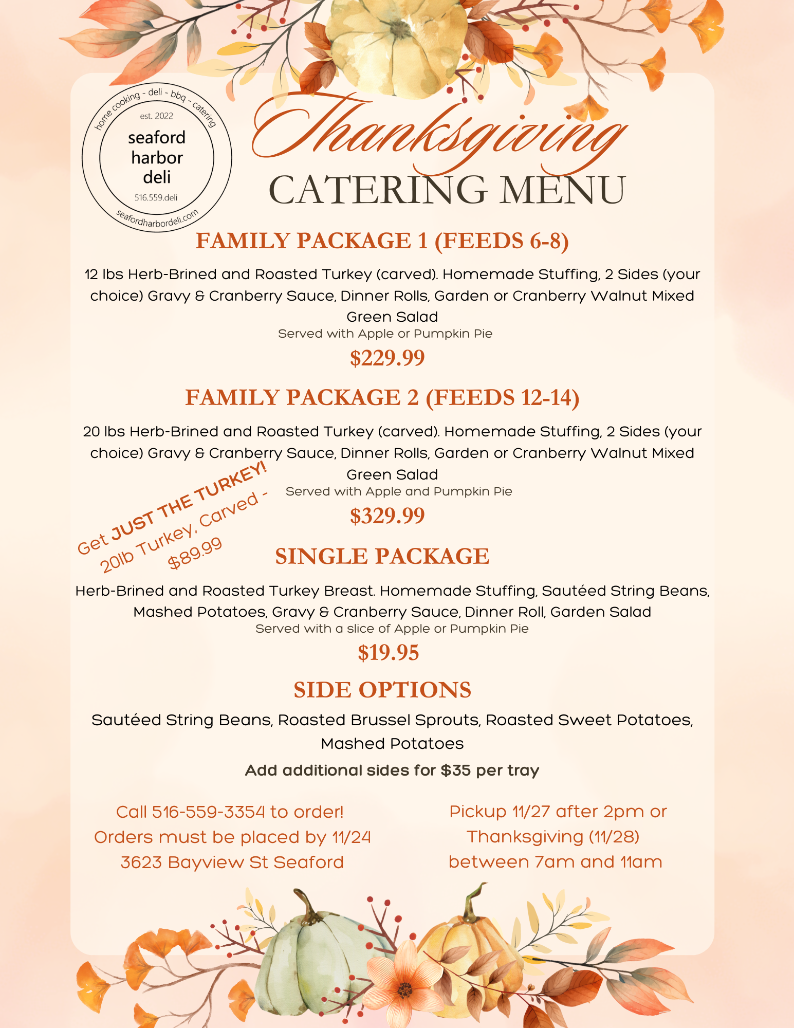 A thanksgiving catering menu with pumpkins and leaves on it.