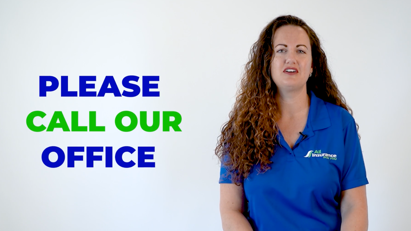 A woman in a blue shirt is standing in front of a sign that says please call our office.