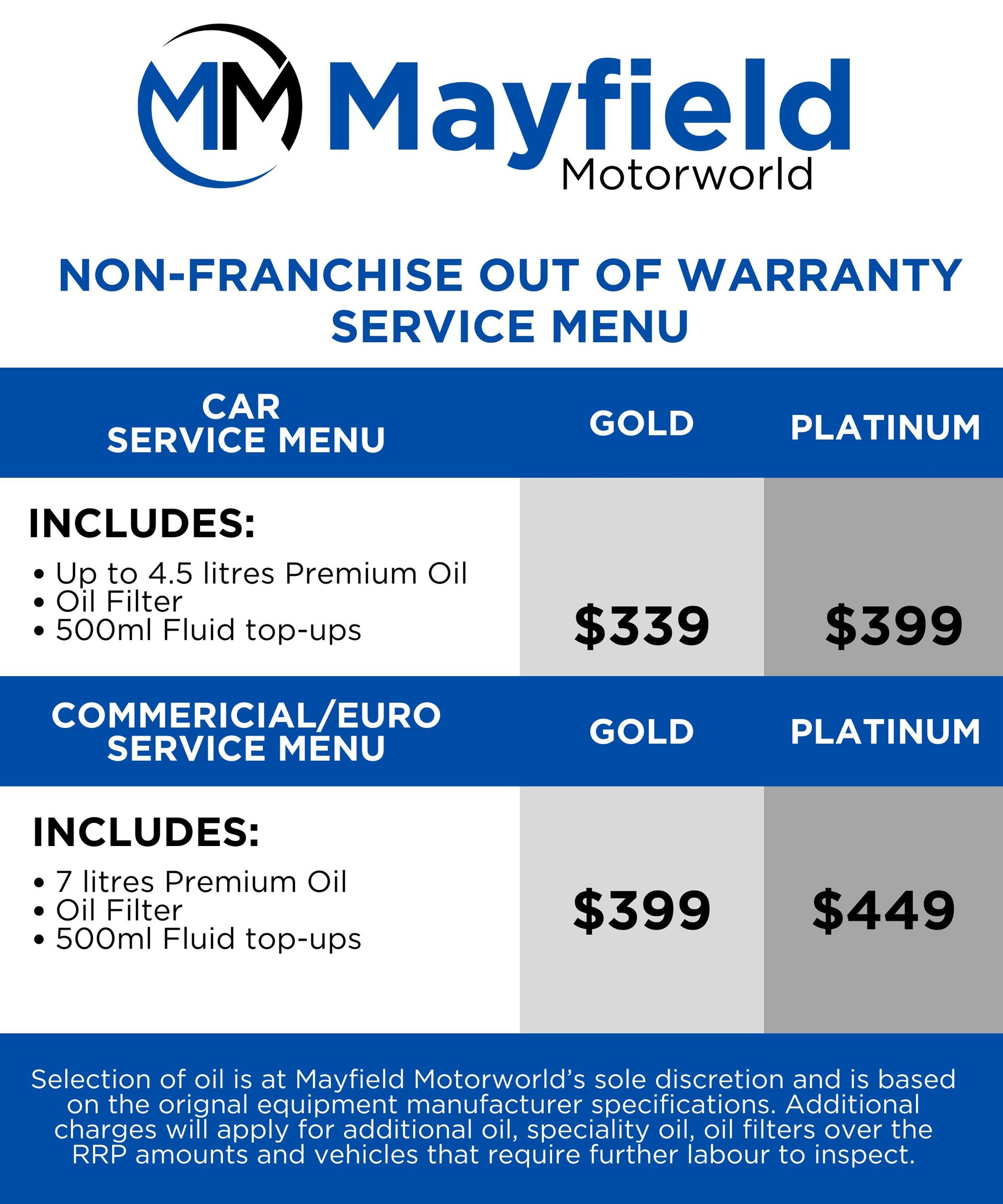 Mayfield Motorworld Non-Franchise - Out Of Warranty Service Menu