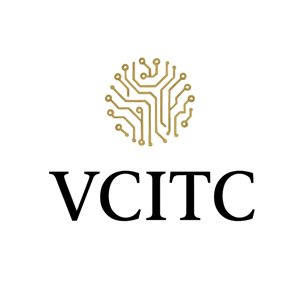 Logo voor VCITC - Van Croonenburg IT-Consultancy met een printplaatontwerp en de tekst 