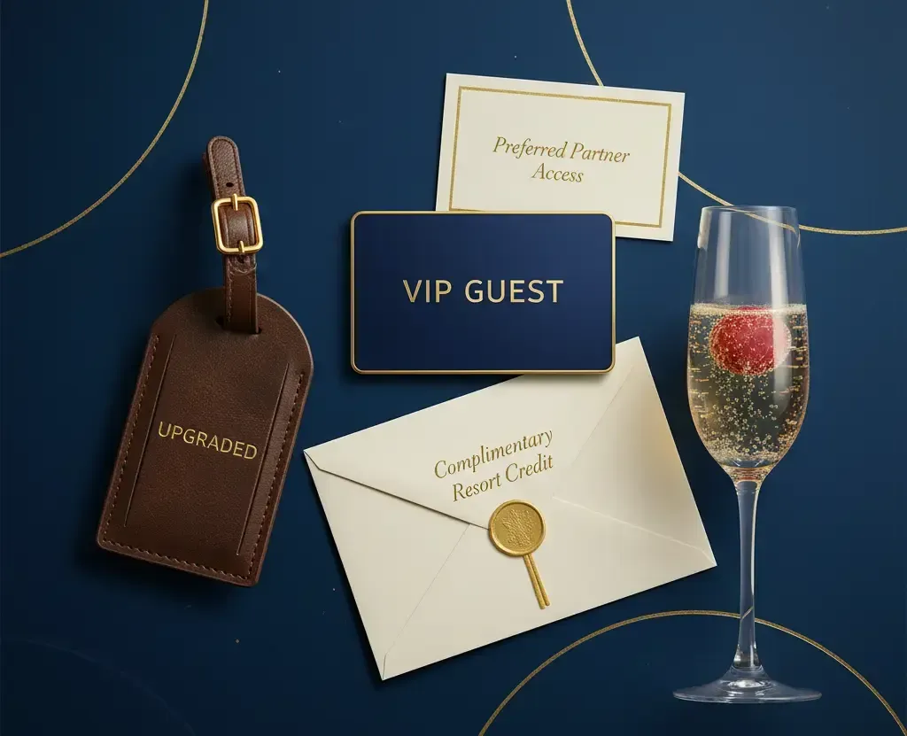 Luxury travel promotion with a VIP card, champagne, luggage tag, and invitation on a blue surface.