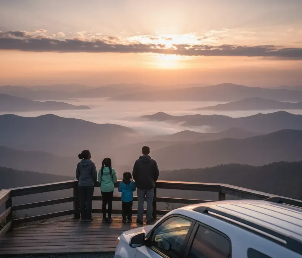 Family viewing sunrise over misty mountains from a wooden overlook, with a car parked nearby.