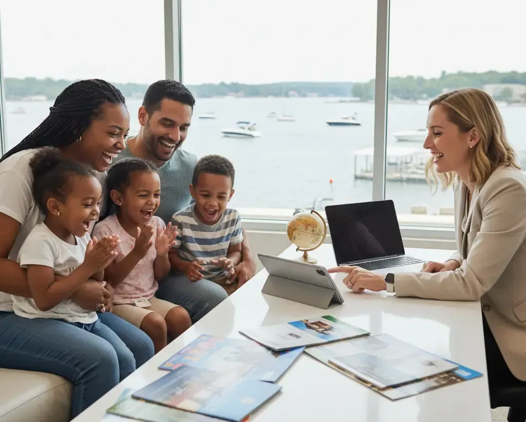 Family and travel agent viewing vacation plans on a tablet together. Waterfront office setting.