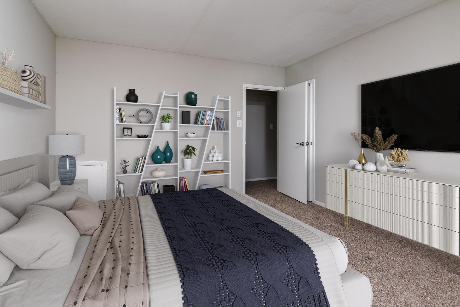 Bedroom in a modern apartment with a bed, white ladder bookshelf, and a dresser under a wall-mounted TV.