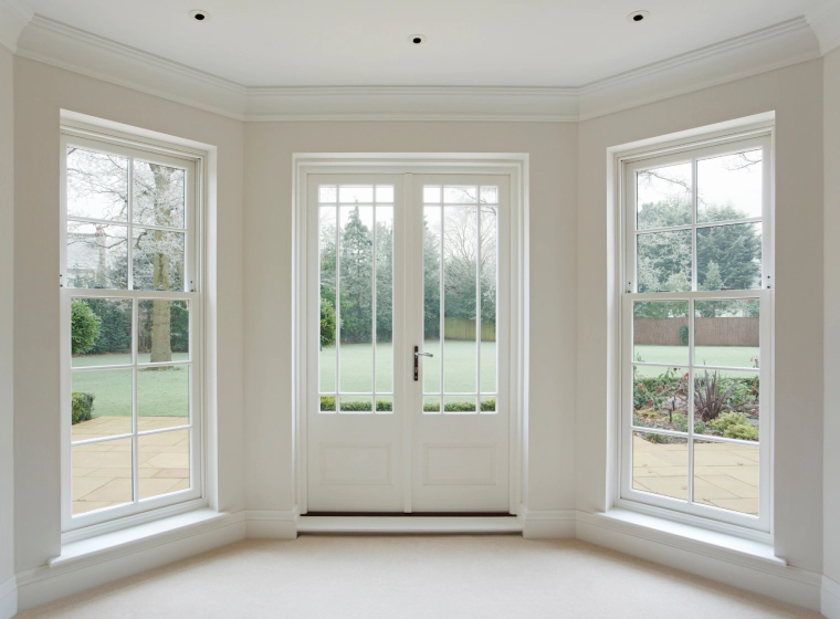 Bright empty room with white French doors and tall windows overlooking a green yard