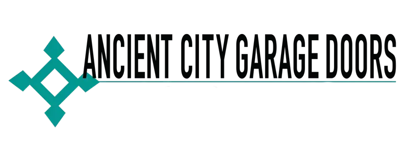 Logo for "Ancient City Garage Doors" with a teal geometric design. Text is black.