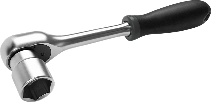 Ratchet wrench with a hexagonal socket, silver body, black handle | Meyerland Service Station