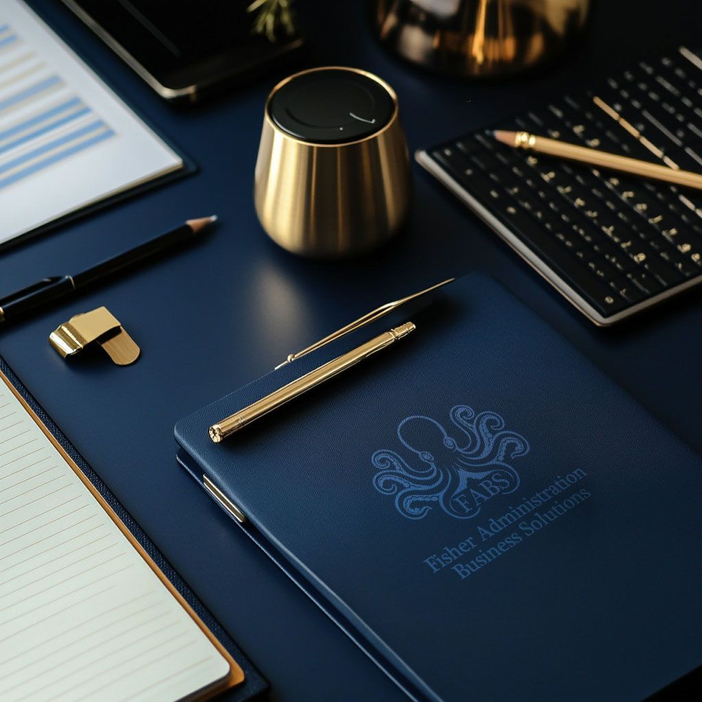 A blue notebook with an octopus on it sits on a desk