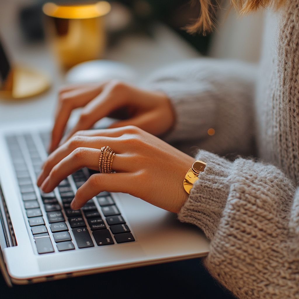A woman is typing on a laptop with a ring on her finger