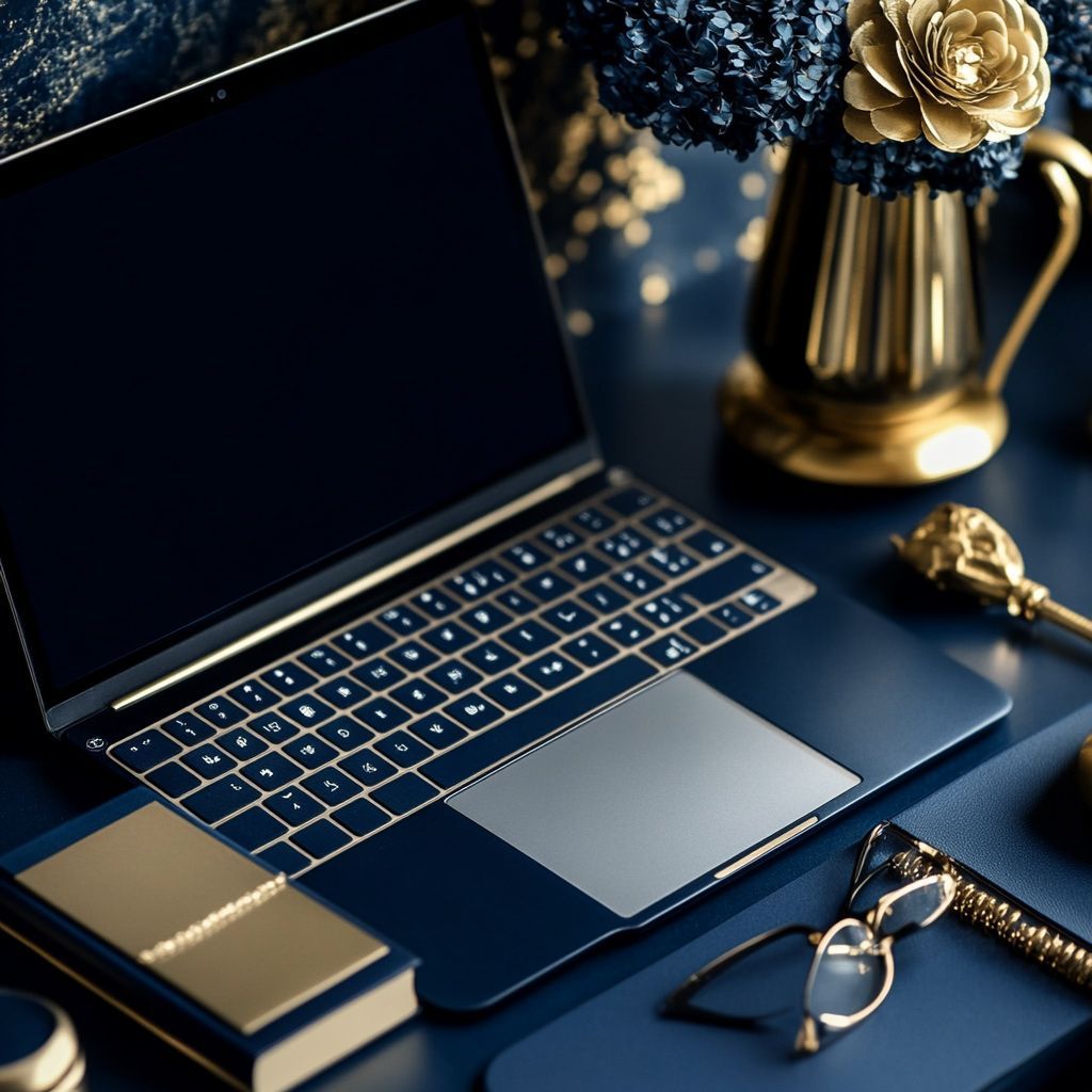 A laptop is sitting on a desk next to a vase of flowers and a pair of glasses A laptop is sitting on a desk next to a vase of flowers and a pair of glasses
