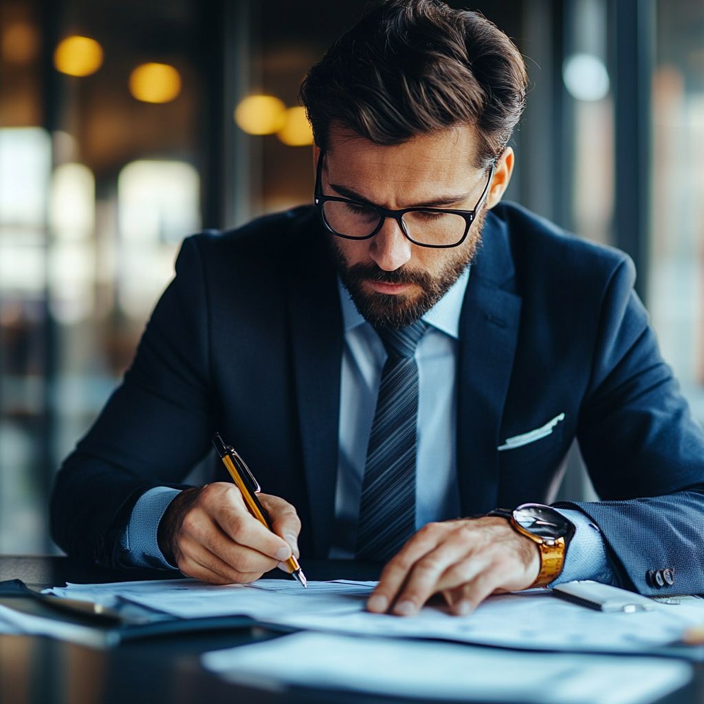 A man in a suit and tie is writing on a piece of paper A man in a suit and tie is writing on a piece of paper