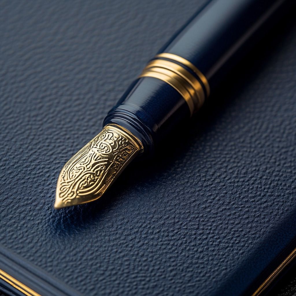 A fountain pen is sitting on top of a blue book A fountain pen is sitting on top of a blue book