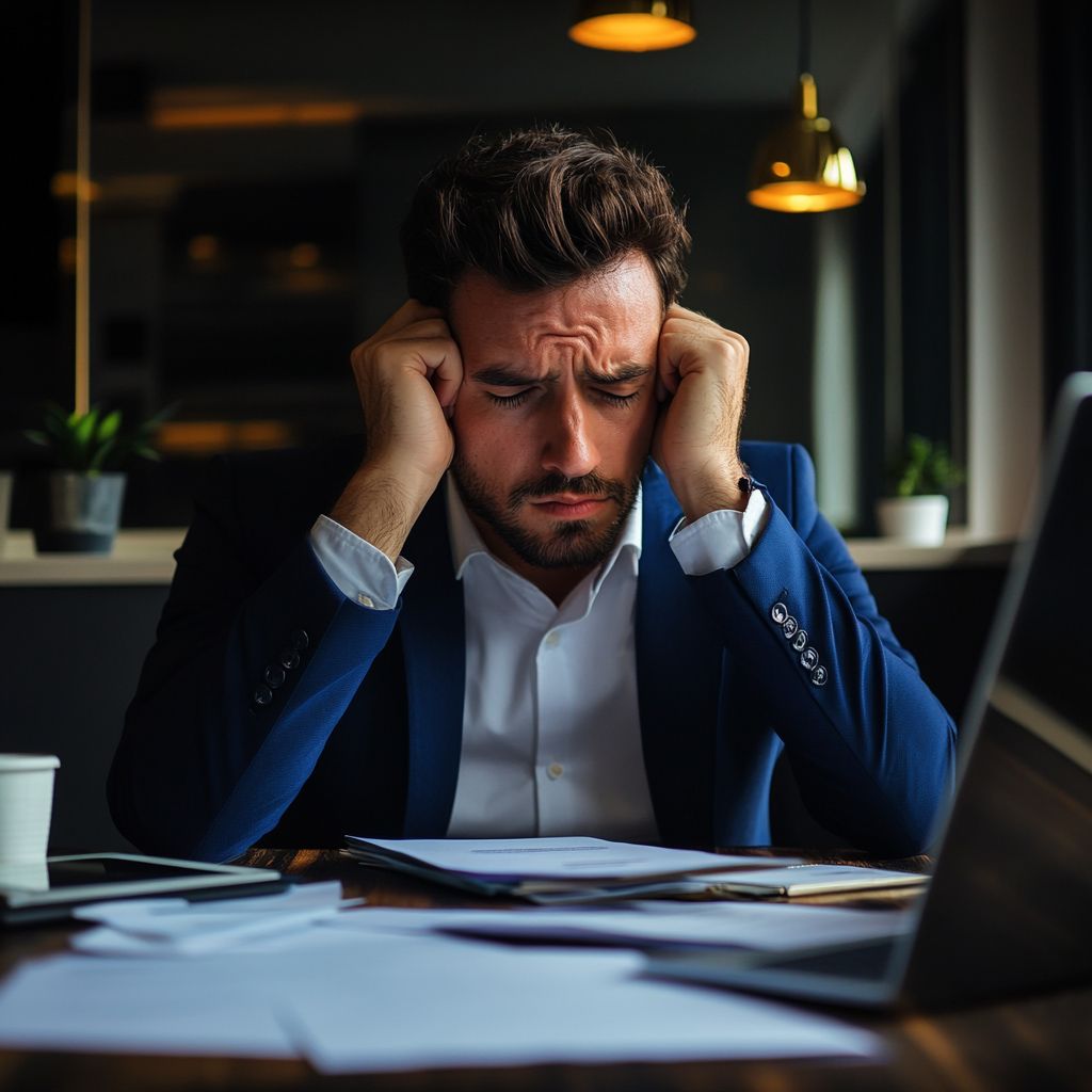 A man in a suit is sitting at a desk in front of a laptop computer A man in a suit is sitting at a desk in front of a laptop computer
