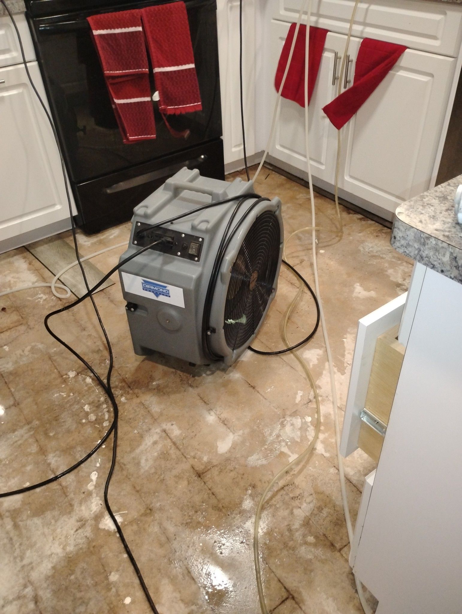 A fan is sitting on the floor of a kitchen next to a stove.