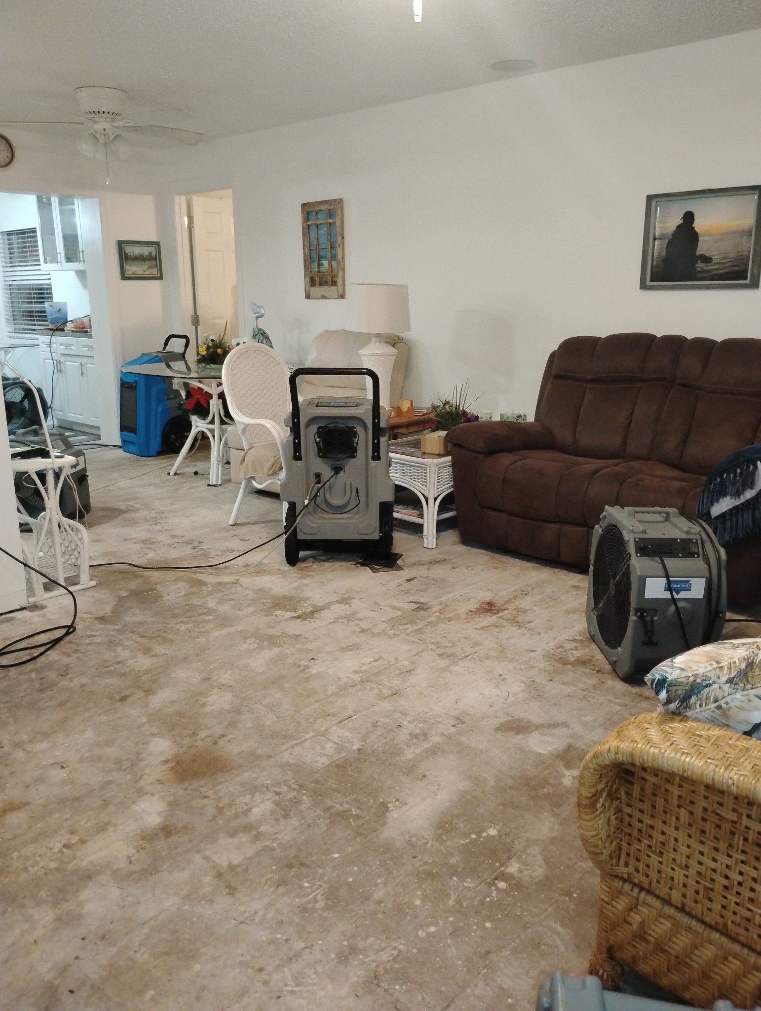 A living room with a couch , chairs , and two fans.