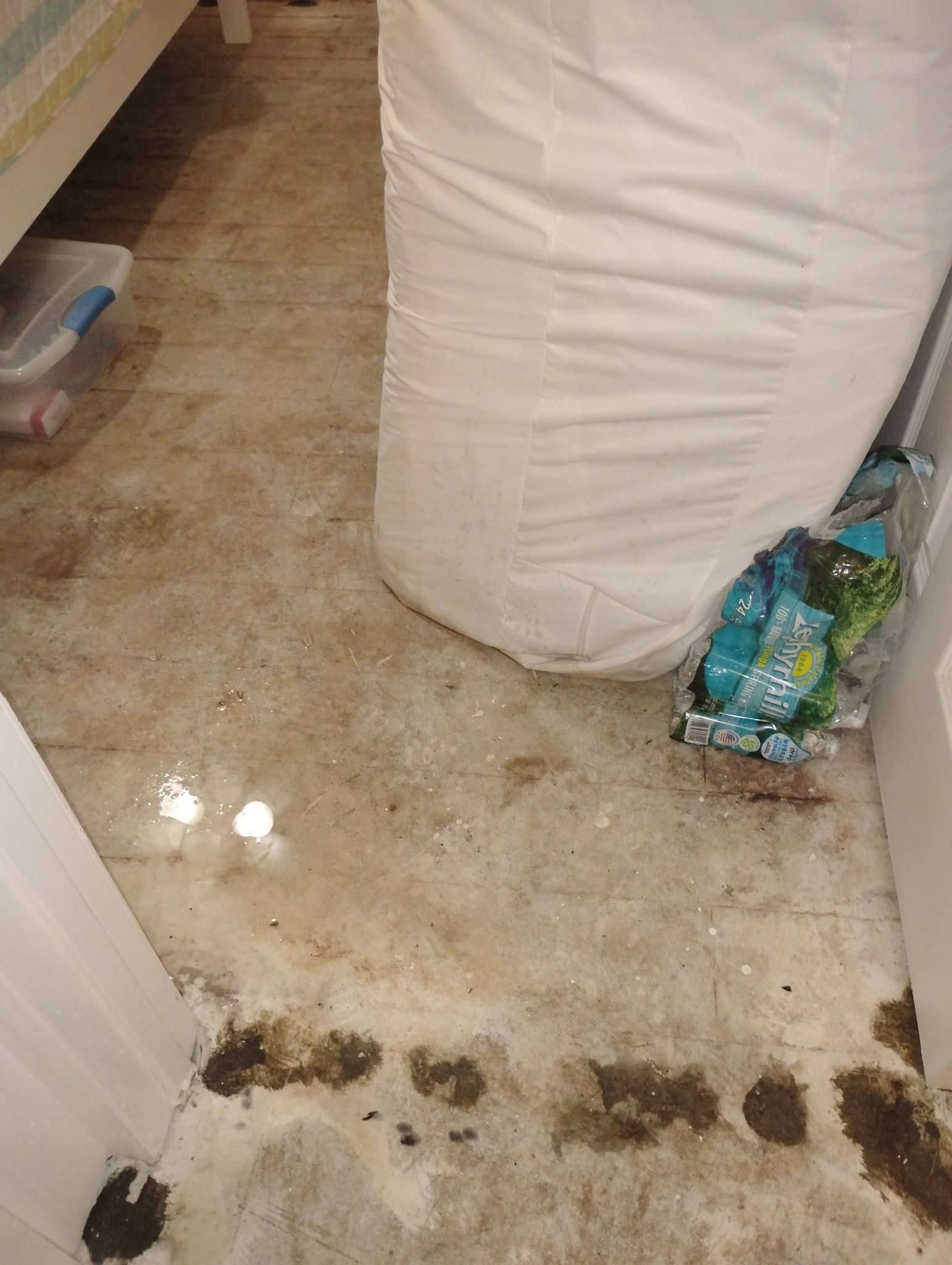 A bag of trash is sitting on a dirty floor next to a bed.