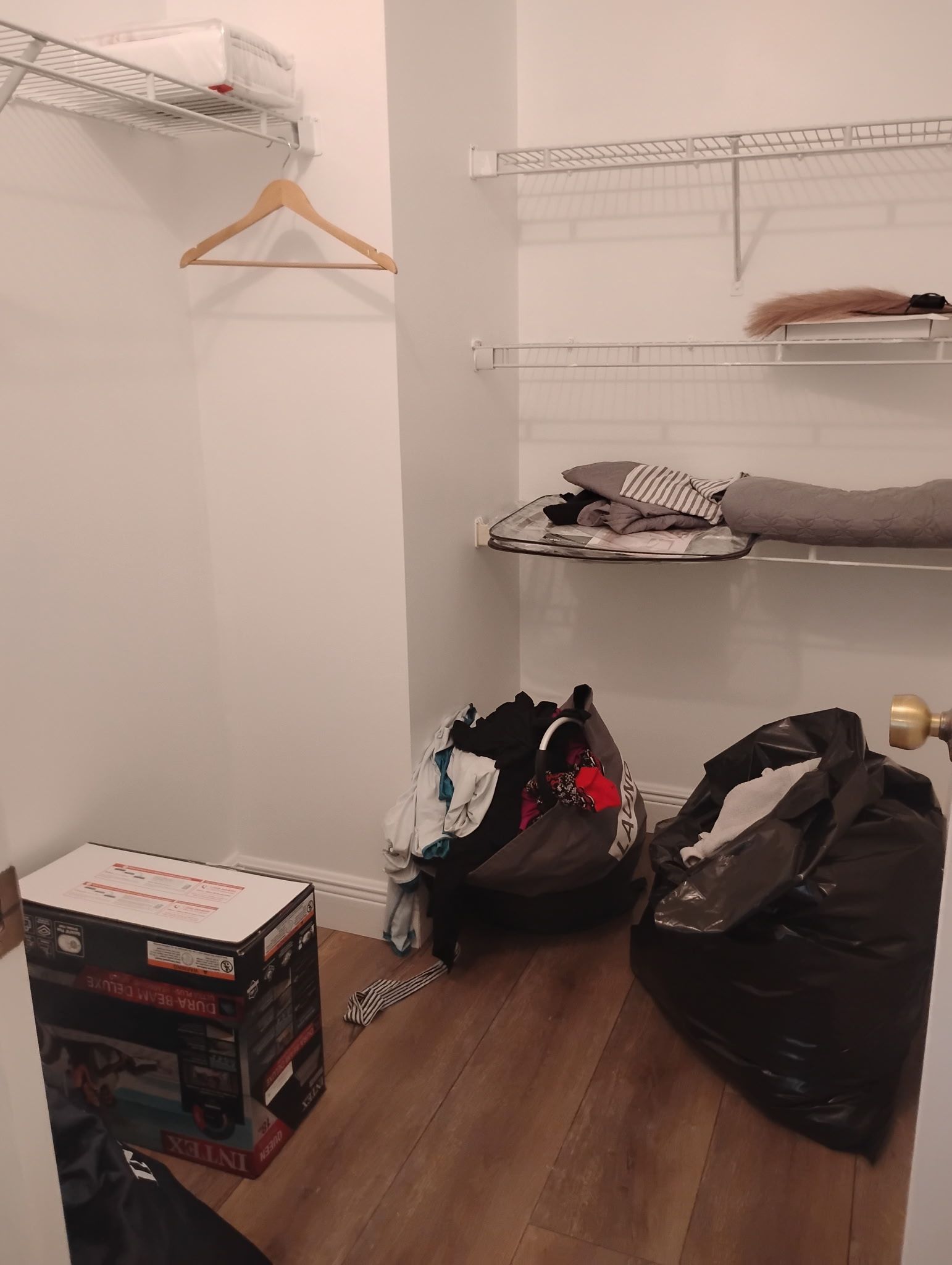 Walk-in closet with wire shelving and clothes. A cardboard box and two bags on the floor.