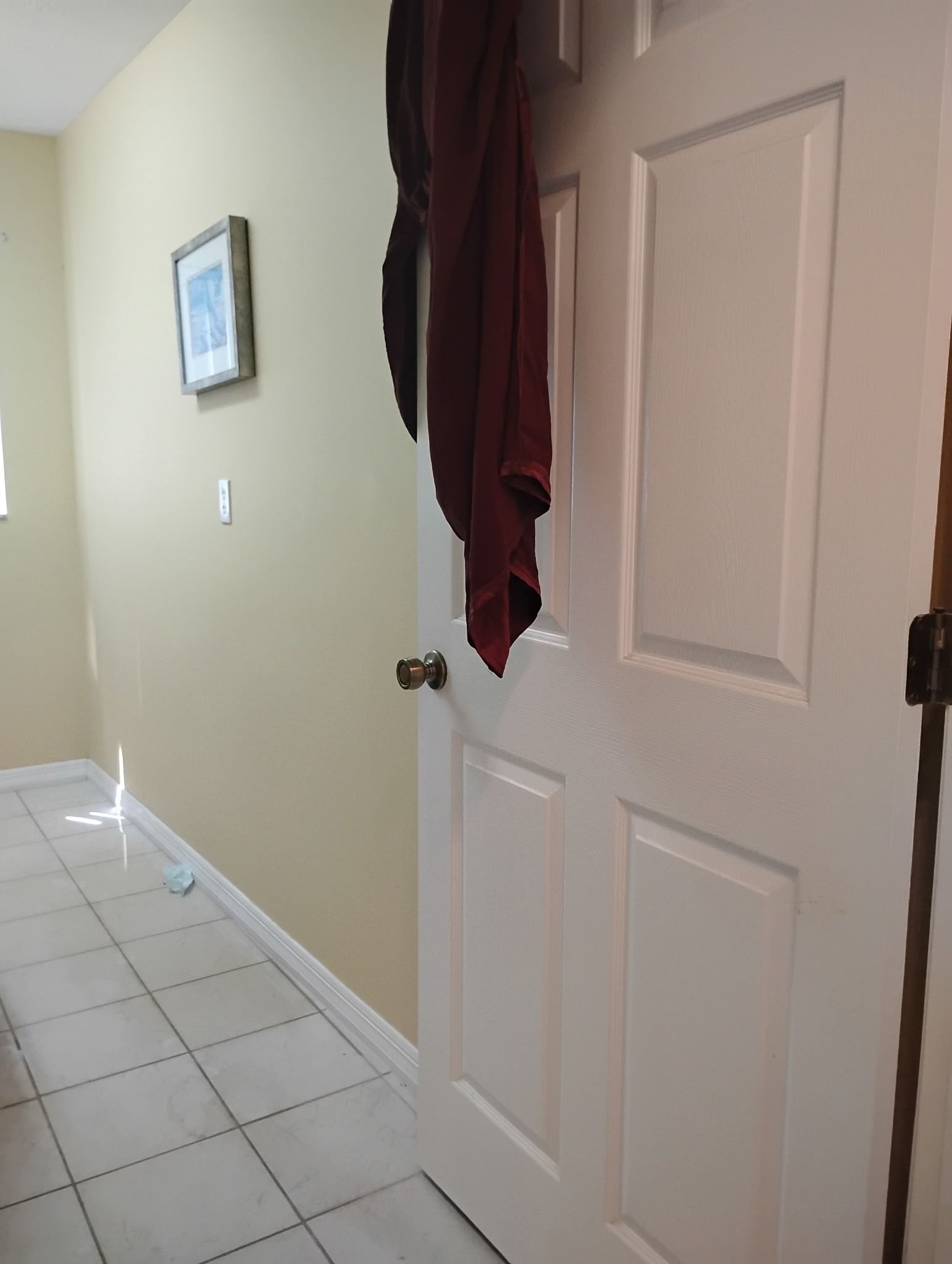 White door with dark red cloth hanging. A hallway with yellow walls and a framed picture.