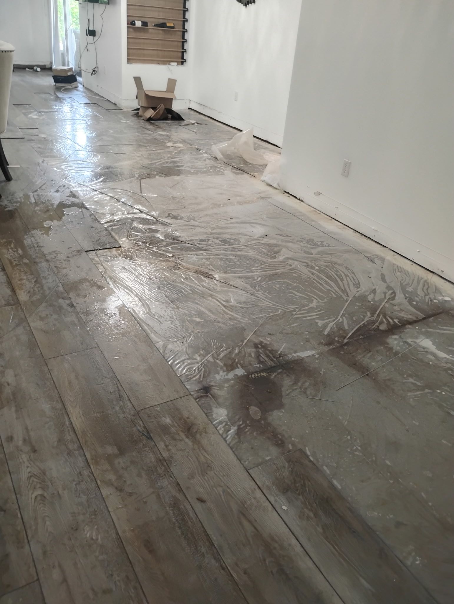 Wet, gray wood-look flooring with puddles, likely from cleaning or a leak. Interior setting, white walls.