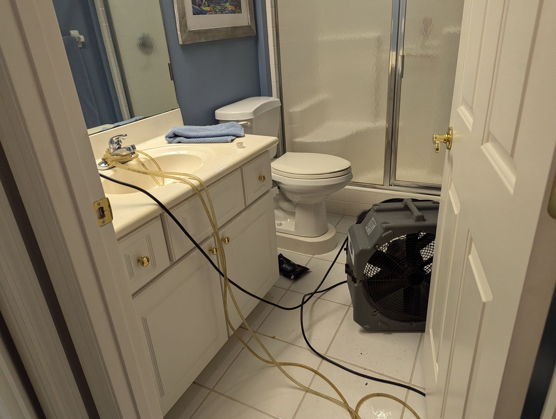 A bathroom with a toilet a sink and a fan