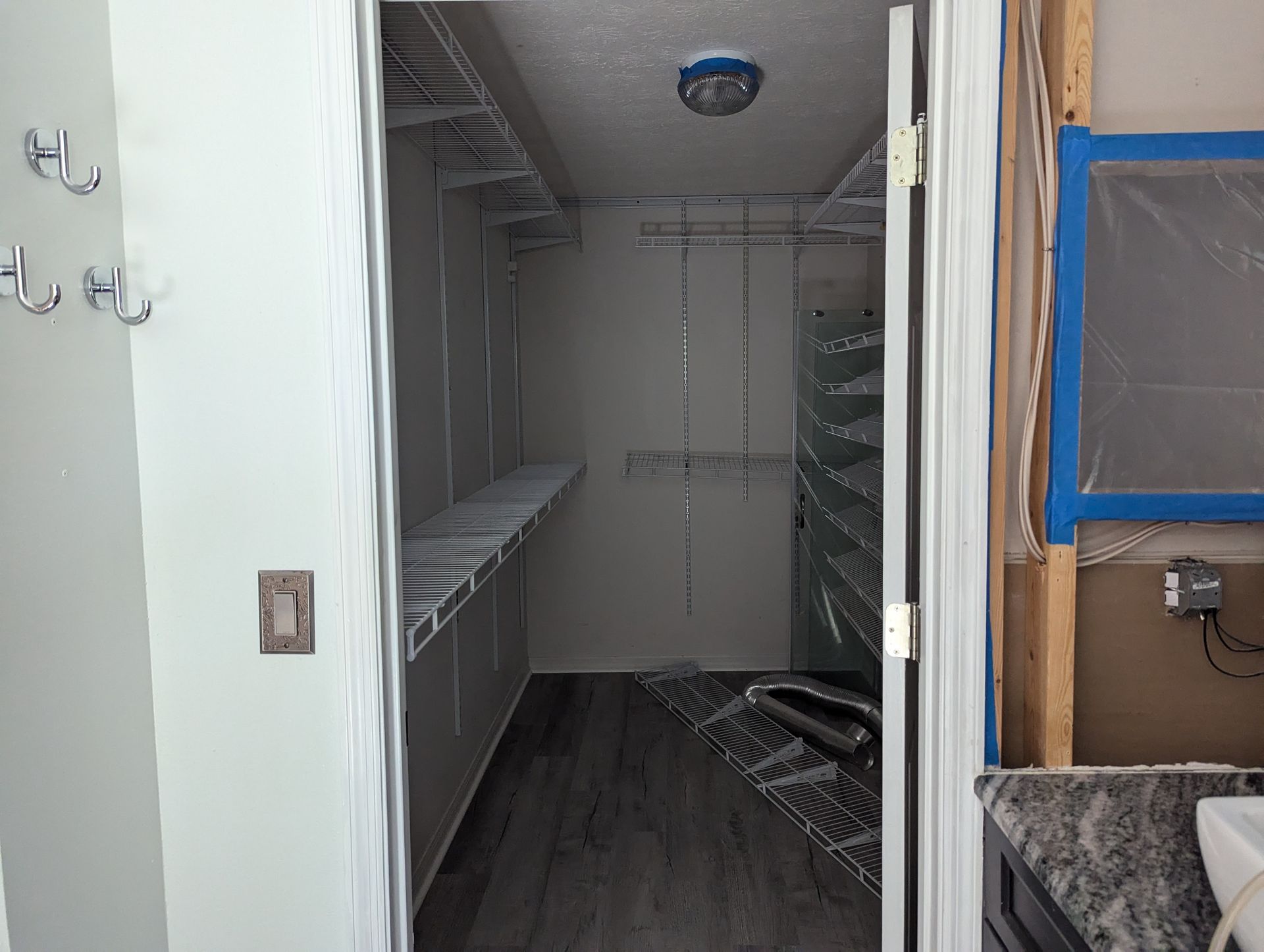 A walk in closet in a house under construction