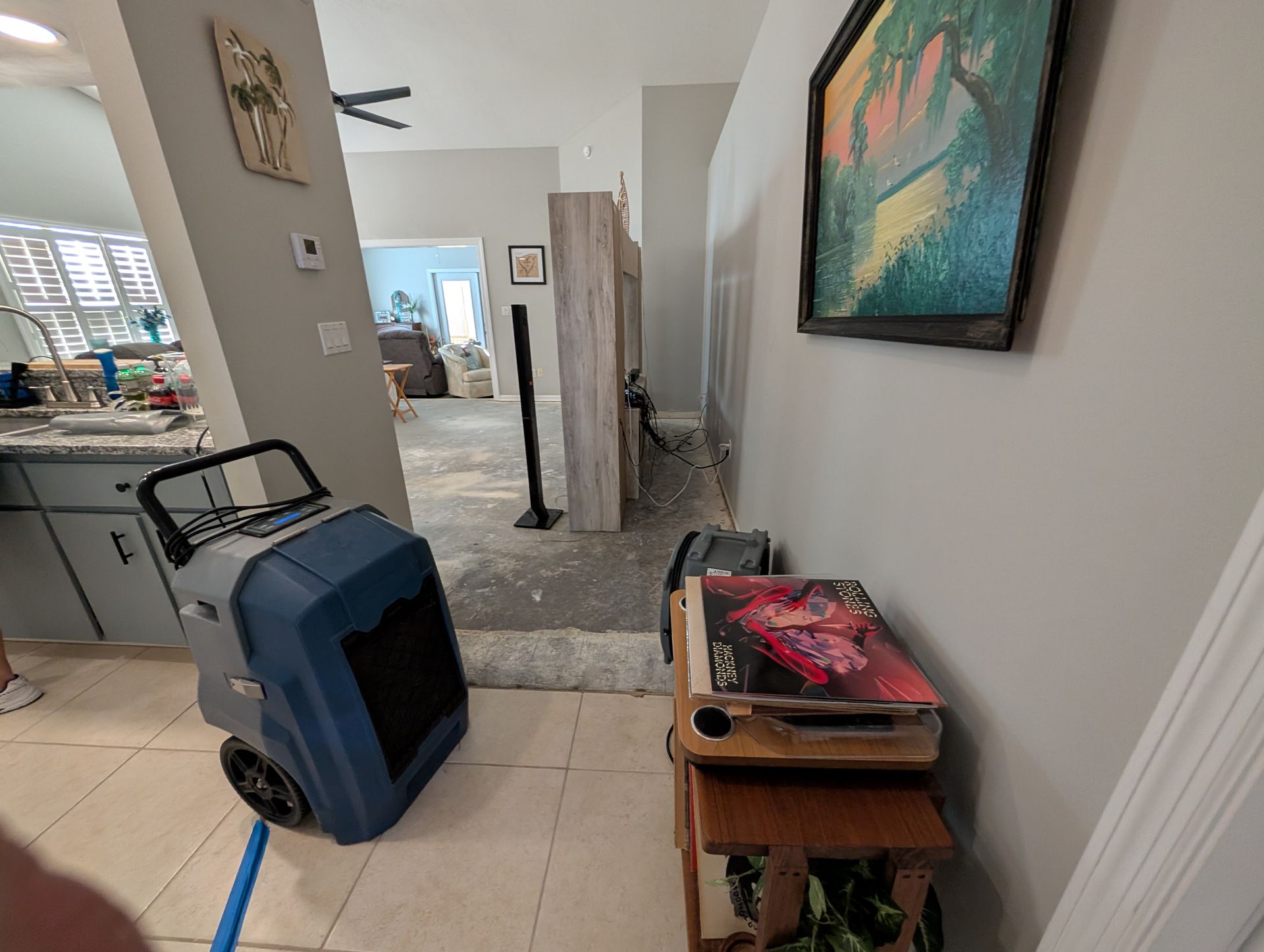 Dehumidifier in a room with exposed flooring. Artwork hangs on a gray wall.