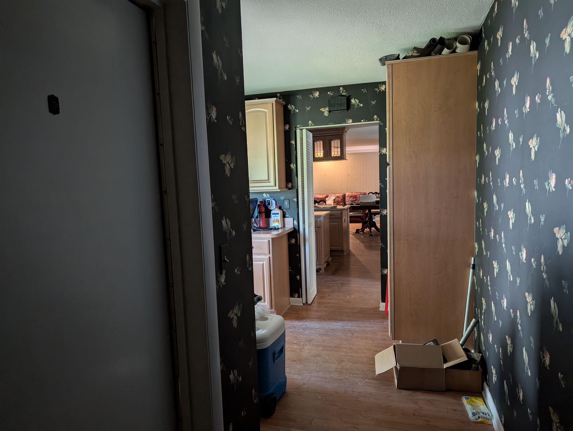 Narrow hallway with peeling wallpaper, leading to a kitchen and dining area. A cabinet and cardboard box are in the hallway.