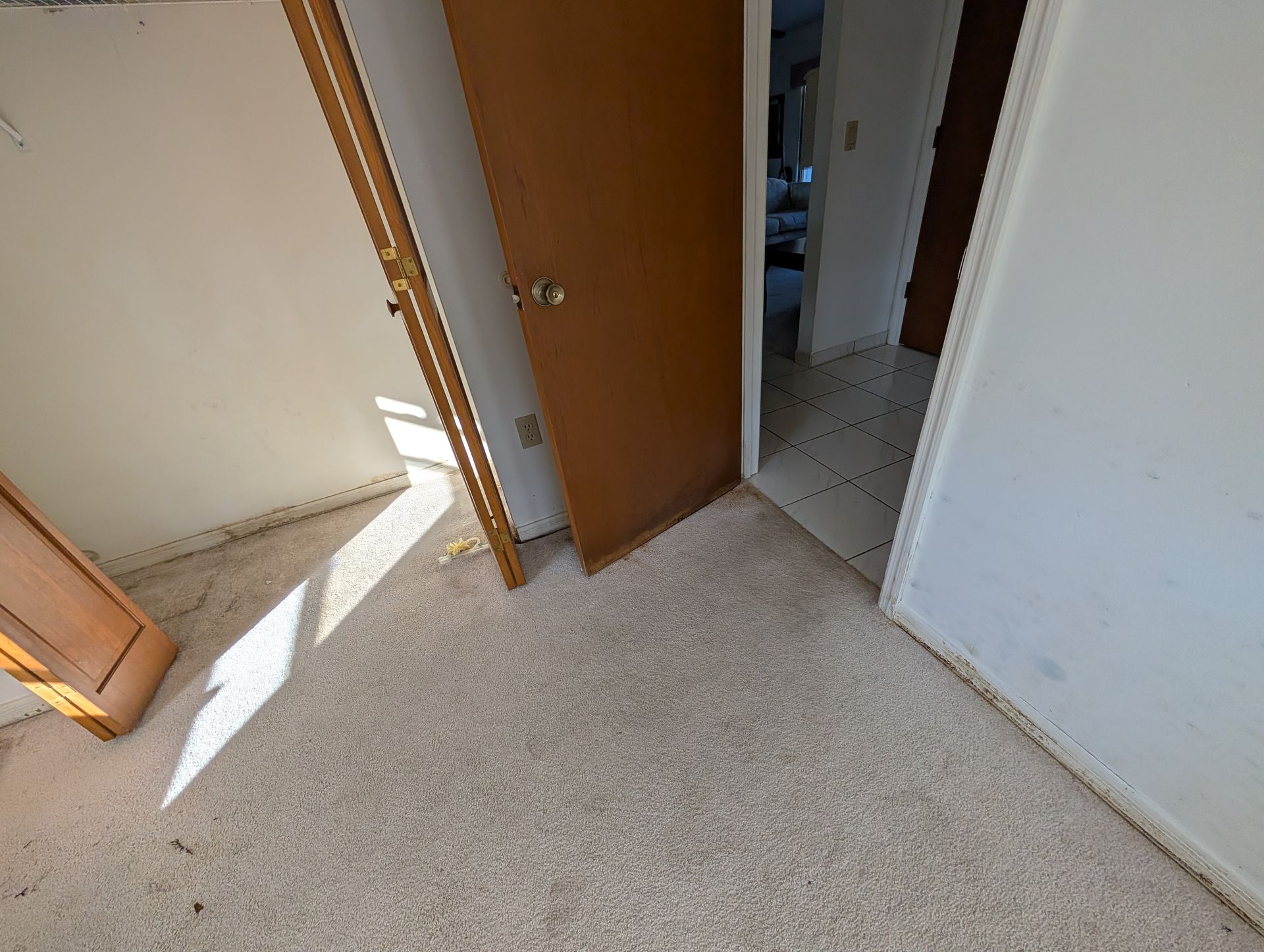 Room interior with light-colored carpet, white walls, brown door and frame, and a doorway to another area.
