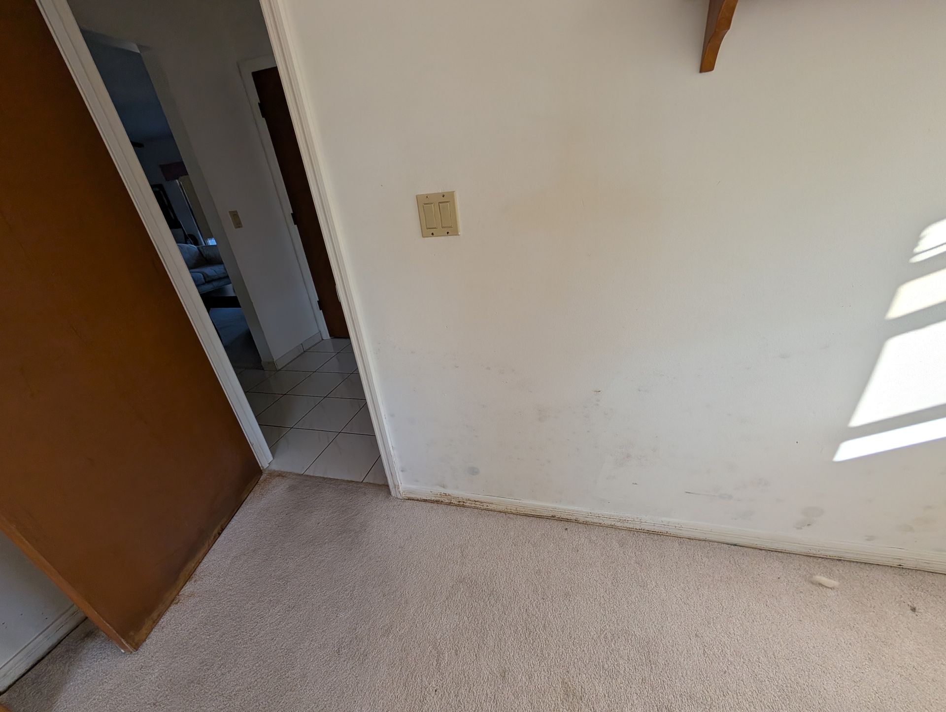 A room with light-colored carpet and a white wall with an electrical outlet and a doorway leading to another room.