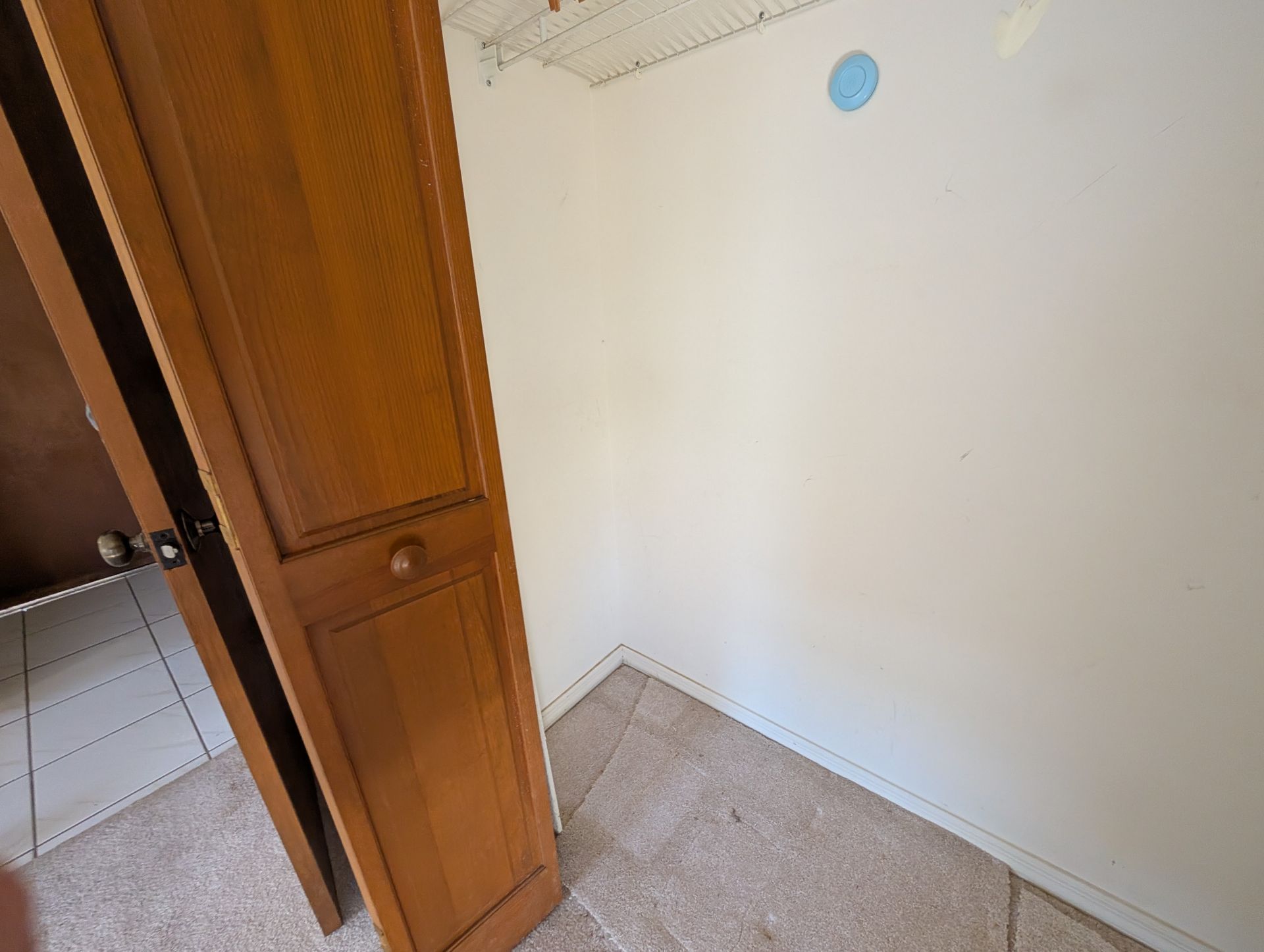 Wooden cabinet door open, revealing a closet with beige carpet and white walls.