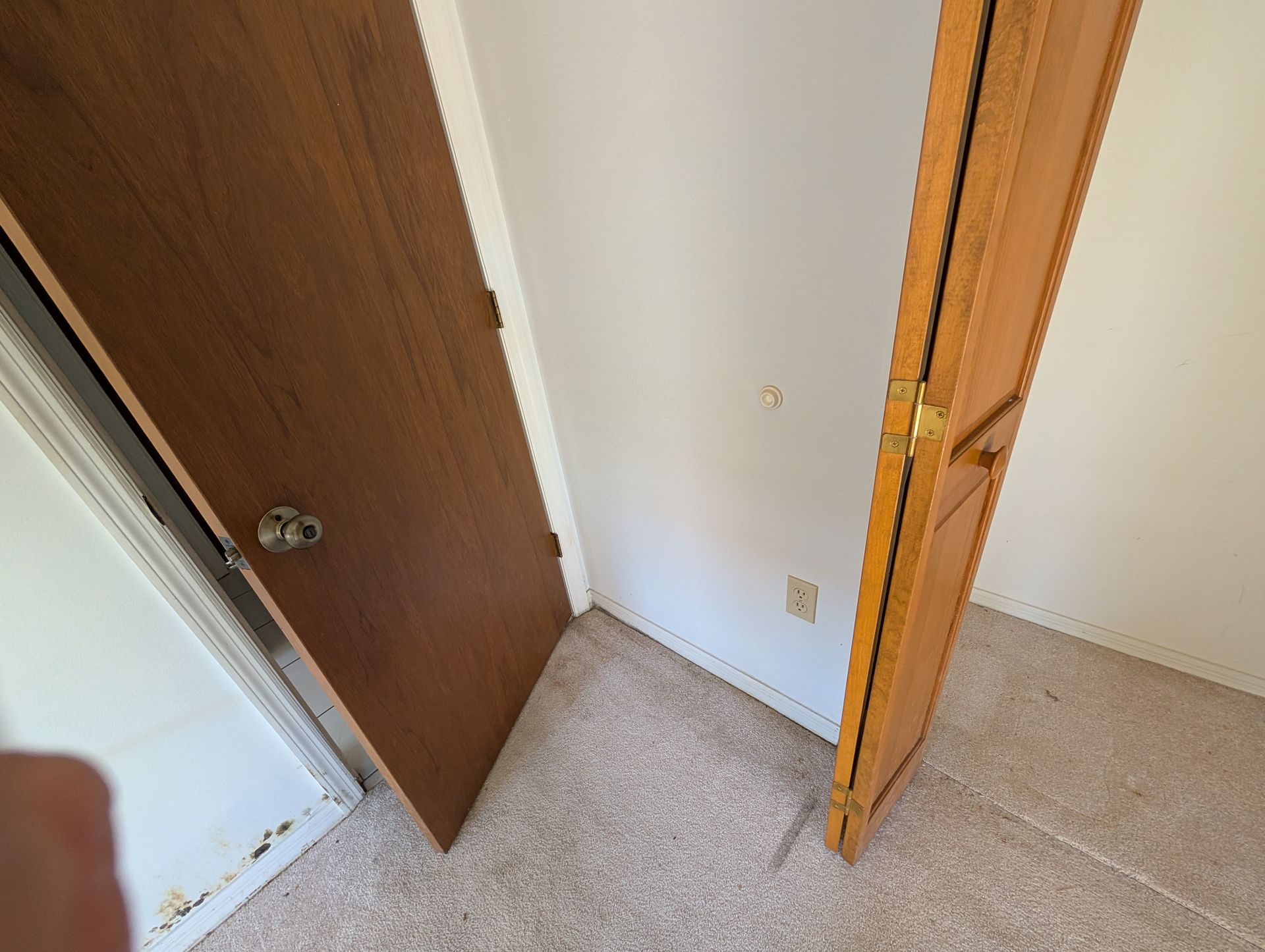 Brown door ajar in a room with a closed wooden closet and beige carpet.