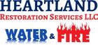 Heartland Restoration Services LLC logo with blue "WATER" and red "FIRE."